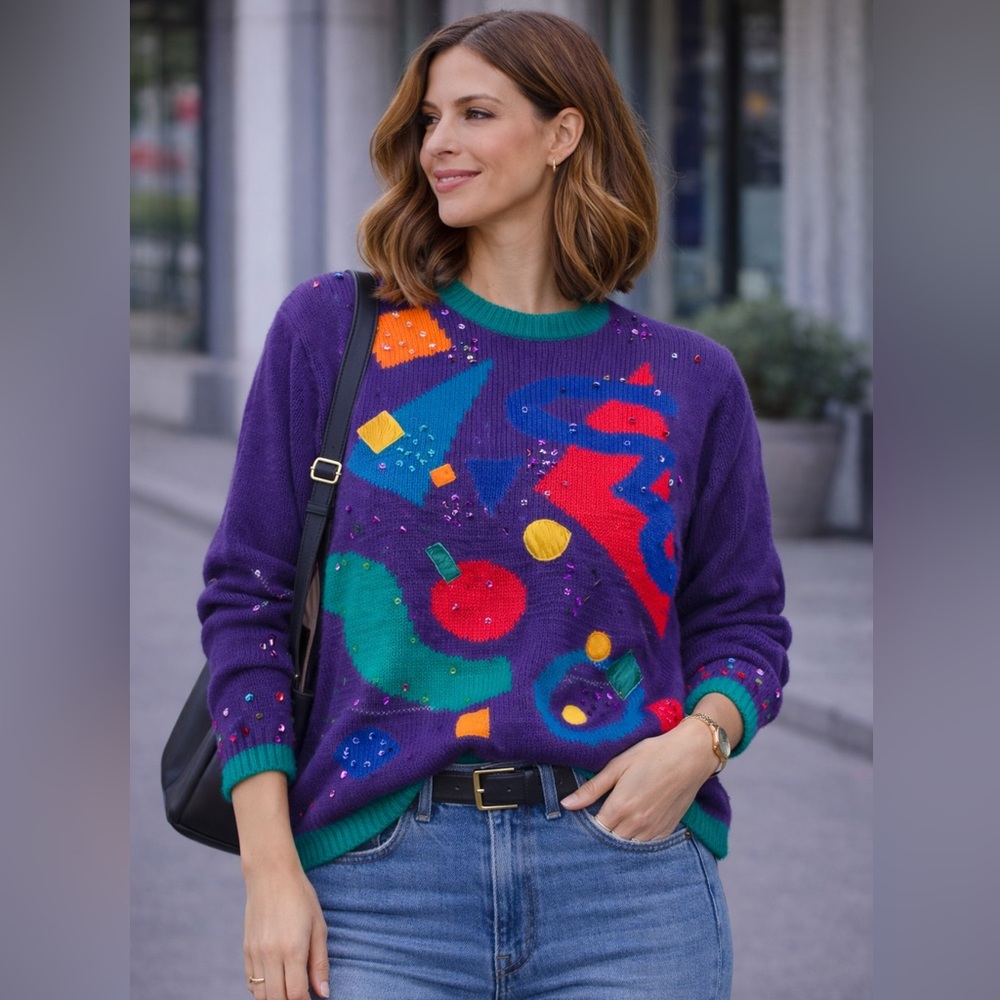 Vintage 90s Purple Abstract Novelty Sweater Colorful Artsy Knit Women’s by CSL